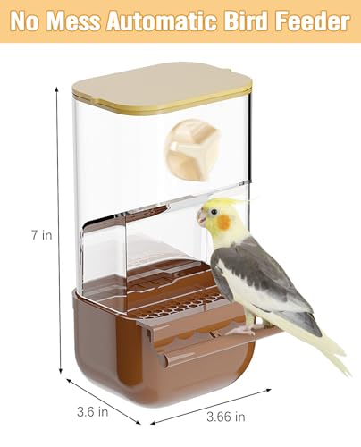 BNOSDM No Mess Bird Automatic Feeder Bird Cage Feeders Parrot Cage Accessories Transparent Seed Food Container with Perch for Finches, Parakeets, Budgies, Lovebirds, Cockatoos, Canaries (Brown) - color: Brown