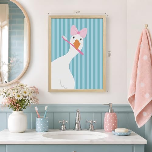 GELDSTEI Wood Framed Funny Brushing Teeth Goose Bathroom Wall Art 12x16 in | Funny Soft Tone Wall Decor, Pink Bow and Toothbrush Goose Art Print, Bathroom Decor for Nursery and Powder Room - color: Goose, size: 16"L x 12"W
