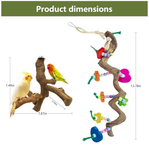 2ps Bird Perch for Cage,Grape Wood Parrot Perches with Chew Toys(Grapevine) | Climbing, beak sharpening, claw sharpening - color: Grapevine