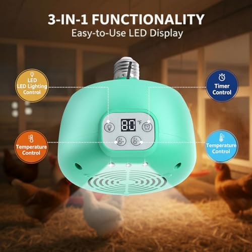 Enhon 2 Sets Chicken Coop Heater, Timing Heat Lamp for Chickens, Smart Temperature Control Chicken Brooder Heater Greenhouse Warmer, 5 Ft Ultra Long Cable Reptile Heating Lamp for Chicks Duck Dog Cat