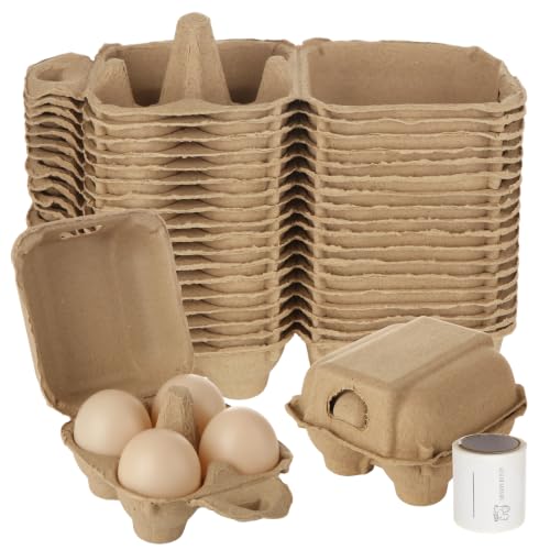 LANIAKEA 50PCS Egg Cartons 4 Count Natural Pulp Egg Carton with Stickers Reusable, Protects, Egg Storage Containers for Kitchen and Easter, Farmers Market