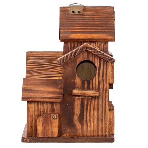MIXUMON Bird House Outdoor, 6-Room Wooden Birdhouse for Outdoors & Outside, Carbonized Pine Wood Bird Houses with 1.57” Entrance & Easy Clean-Out Doors