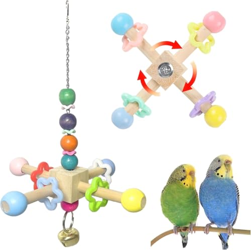 2pcs Bird Spinner Toys for Parrots with Bells for Cage, Natural Wood | Parakeet Toys, Bird Cage Accessories Chewing Hanging for Small and Medium Birds, Cockatiel, Conure, Lovebird, Budgie, Quaker