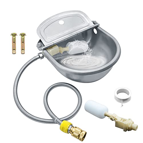 Automatic Animal Drinking Water Bowl, 304 Stainless Steel Waterer for Dog Horse Goat Pig Cow, Livestock Water Trough Dispenser with Pipe Hose, 2 Float Valves, Quick Connecter, Expansion Bolt