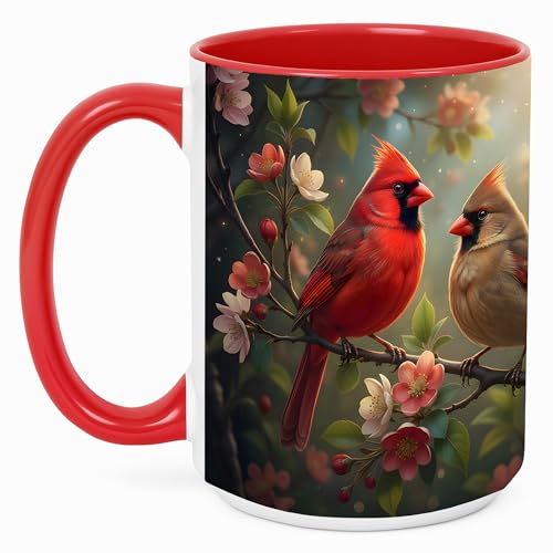 Cardinal Garden Coffee Mug, Bird Lover Mug, Spring Nature Gift for Home Office, Red Songbird Pair with Cherry Blossoms Branch Artwork, Ceramic Red Accent Handle Cup 15 Oz Drinkware (Bird Pair 15oz) - color: Bird Pair 15oz
