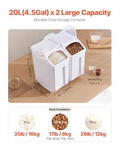 VEVOR Rice Storage Container, 4.5Gallon/20L x2 Capacity Large Dog Food Dispenser Bin, Kitchen Ingredient Grain Cereal Flour Bin, Pet food Containers with Wheels, 2 Measuring Cups, Airtight Lid, 2 Pack - size: 4.5 Gallon*2