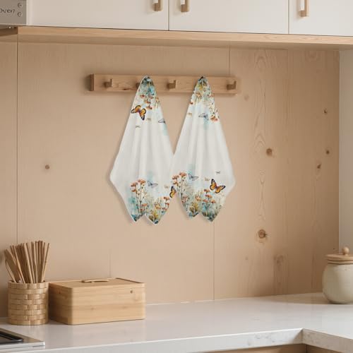 2 Pcs Flower Butterfly Kitchen Towels Decorative Hand Towels 02 | Waffle Soft Tea Towel for Home, Bathroom, Absorbent Microfiber Dish Cloth, Butterfly Gifts, Housewarming Gifts - color: Multi 1257