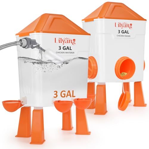 Lilyang 3 Gallon Automatic Chicken Waterer & Feeder Set, Auto Water Refill | Anti-Spill Ports & Stay-Clean Cups, Auto Watering System with Float Valve, No-Waste Poultry Feeder, No-Tools Assembly - color: Bright Orange