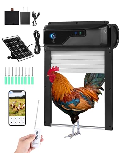 Automatic Chicken Coop Door with HD Camera, Solar Powered, 5000mAh Battery, WiFi Enabled, APP-Based Monitoring, Remote Control and Timer, with Anti-Trap Sensor and Alarm Drive(Black)