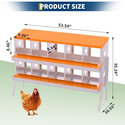 Chicken Nesting Box, 10 Compartment Galvanized Steel Chicken Laying Boxes, Heavy Duty Rustproof Chicken Coop with Easy Egg Collection for Backyard Farms - with Bracket Legs, Orange