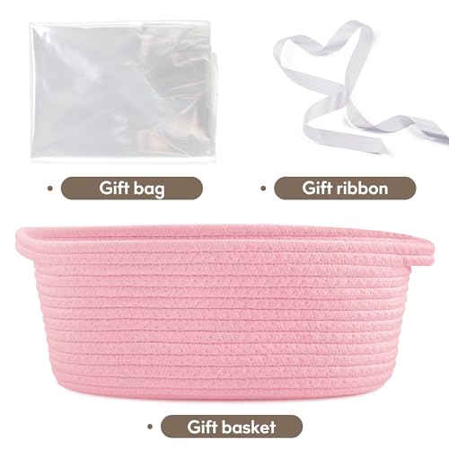 Pro Goleem Small Woven Basket with Gift Bags and Ribbons Durable Baskets for Gifts Empty Small Rope Basket for Storage 12"X 8" X 5" Baby Toy Basket with Handles, Pink - color: pink