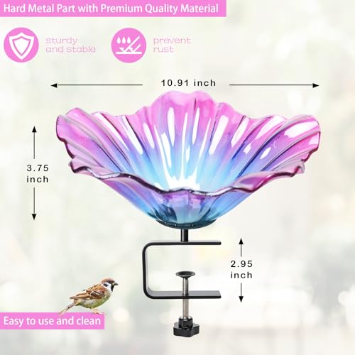 Deck Mounted Bird Baths for Outdoors, Glass BirdBath Bowl for Garden | Purple Glass Bird Baths Bowl with Adjustable Sturdy Steel Fence Clamp for Garden Patio Lawn Yard Deck Balcony Railing - color: Purple