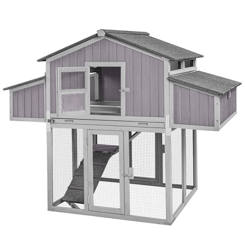 Large Chicken Coop Outdoor with Run, Easy Setup Folding Chicken House, Wooden Hen House with Dual Nesting Boxes, Pull-Out Leakproof Tray, UV-Resistant Roof for Backyard Poultry - size: 69.8"L x 42.0"W x 54.6"H