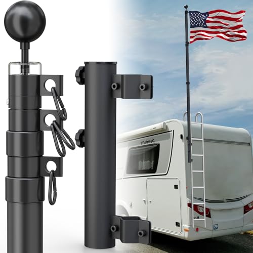 RV Ladder Flag Pole Kit with Holder, 10 FT Telescoping RV Flag Pole | Heavy Duty Portable Flag Pole for RV, with 3 x 5 American Flag, Dual Flag Mount, for Campsites, Tailgates and Outdoor Events - size: Mount+telescoping flag pole