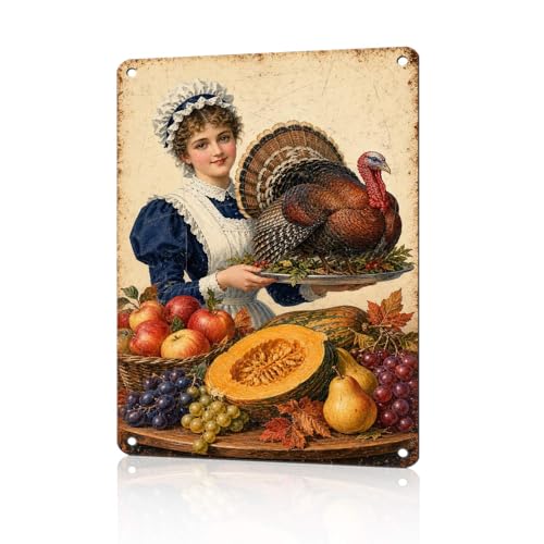 Vintage Thanksgiving Pilgrim Girl Turkey Pumpkin Tin Sign Harvest Wall Decor for Kitchen Dining Room Living Room Porch Entryway and Farmhouse Home Decor 16 * 12In - color: Vintage Thanksgiving Tin Sign 16, size: 30X40cm(12*16in)