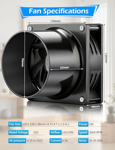 120mm x 38mm 4 Inch Computer Duct Fan, 12V Exhaust with AC Speed Controller,High Airflow Small Exhaust Fan Dual Ball for Print Fume Extractor Enclosure Grow Tent Ventilation Crawlspace Cooling - size: 12038-one duct