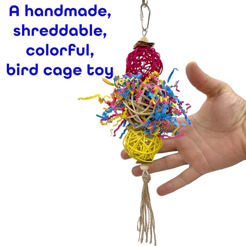 1701 Rainbow Rattan Bird Toy with Jute and Crinkle Paper – Shredding and Foraging Fun for Parakeets, Cockatiels, Conures, and Small Parrots – Natural Bird-Safe Toy for Cage Enrichment