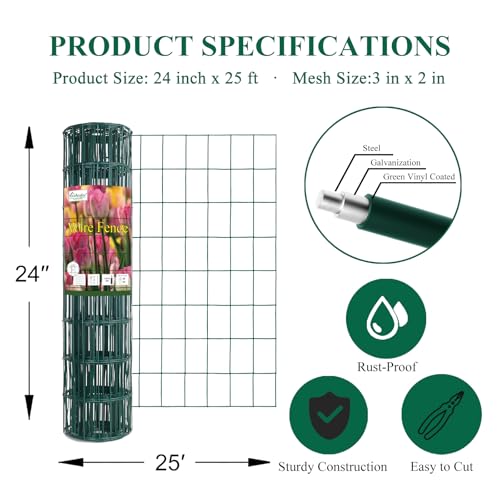 Green PVC Coated Welded Wire Fence 24" x 25' Roll, 2"x3" Mesh, 16 Gauge | Vinyl Coated Garden Fencing, Yard & Pet Barrier, Chicken Wire Fencing, Dog Enclosure Mesh, Vegetable Plant Protector - color: Green, size: 2''x3'' 16GA 24''x25'