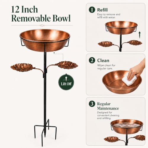 Metal Bird Bath and Feeder for Outdoors, 36.8 Inch, Removable 12 Inch Bowl | 12 inch removable bowl, dual leaf feeder trays, 36.8 and 28.5 inch height options, five-point ground support base