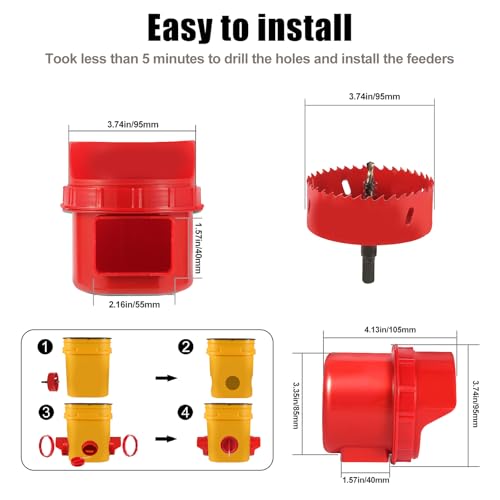 Chicken Feeder No Waste, 6 Ports Automatic Poultry Feeder with Covers & Hole Saw, Rain Proof Chicken Feeder Port for Buckets, Bins & Barrels - color: Red