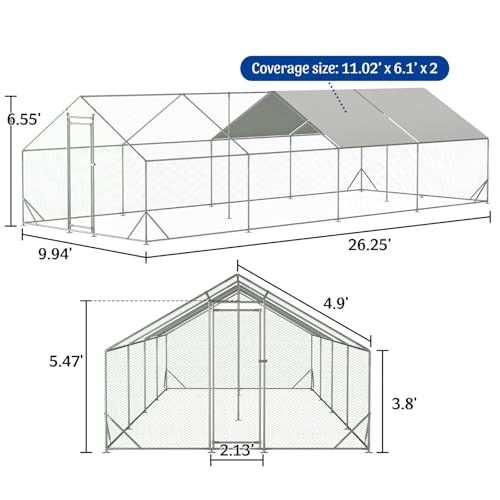 10' x 26' Large Metal Chicken Coop, Outdoor Heavy-Duty Chicken Run with Waterproof Oxford Cover & Secure Lockable Door, Walk-in All-Weather Poultry Cage for Hens, Ducks, Rabbits, Silver - color: Silver B, size: 120.0"L x 312.0"W x 312.0"H