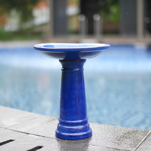 Ceramic Pedestal Bird Bath for Outside, 15 x 12 Inch, Sapphire Blue | Glazed Finish, Easy Twist-to-Lock Assembly - color: Sapphire Blue