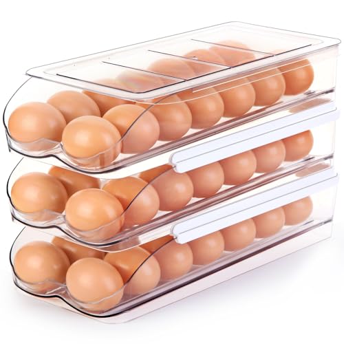 RoskDeewat Egg Holder for Fridge, Automatic Rolling Egg Container -3 Tier | Stackable Fridge Organizers and Storage with Lid, Sturdy Clear Plastic Egg Dispenser & Tray for Refrigerator - size: 3 Tiers Holder 42 Eggs