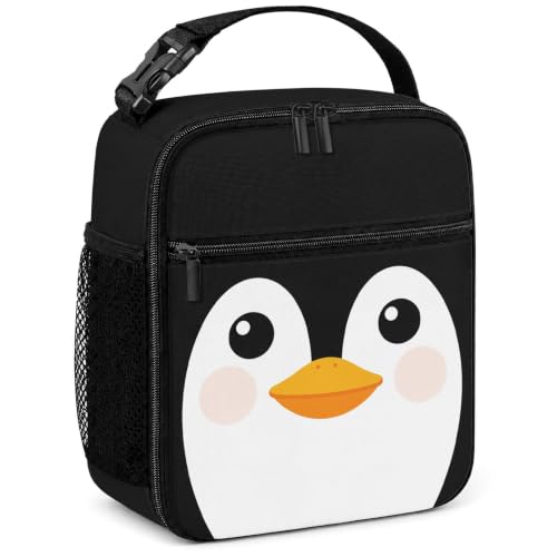Lunch Box Boys Girls Insulated Lunch Bag for Kids Teen, Funny Penguin | Reusable Lunchbox, Cooler Tote Bag, Water Bottle Holder, Front Pockets, Portable Buckle Handle for School Work Picnic Travel - color: Funny Penguin Face