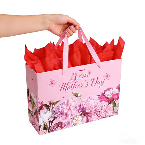 Mothers Day Gift Bag(13.8x9.8x4.2 Inch) with Tissue Paper Greeting Card Large Pink Flower Paper Bags Happy Mother's Day Celebration Gift Wrap Unique Floral Goodie bag Pouch Baggies Mom for Grandma - color: Mothers Gift Bag