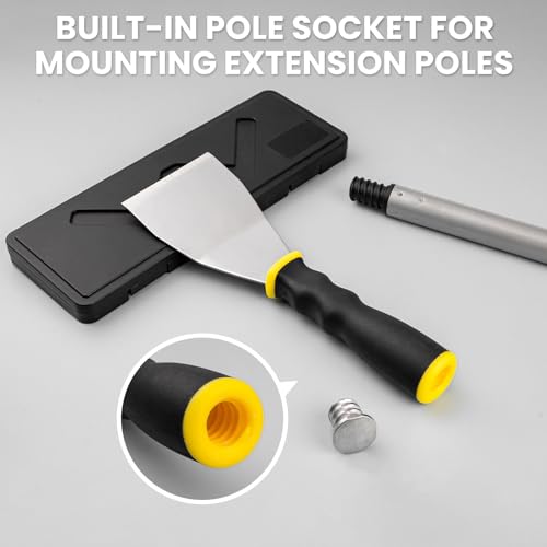 Mister Rui 3" Heavy Duty Bent Scraper, Hammer End with Pole Socket | 3" stainless bent scraper, curved blade. Anti-slip rubber handle. Hammer end fits pole. For paint removal & floor cleaning - color: Yellow