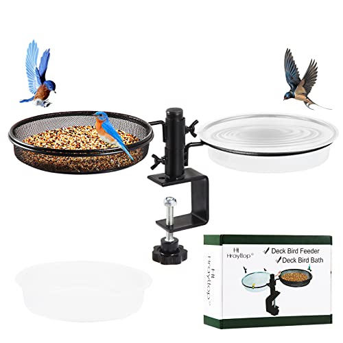 HRAYLTOP Deck Bird Feeders with Metal Mesh Tray and 2 Water Bowls - Detachable Adjustable Heavy Duty Clamp Bracket, Rail Bird Bath Balcony Porch Railing Feeder Perfect for Attracting Birds. - size: 8.8 Inch (Deck Mount)