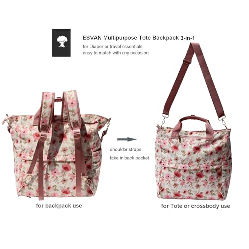 Diaper Tote Bag Totepack Backpack Crossbody Bag 3 in 1 for Women Laptop Backpack Multifunctional with Insulated Pockets - color: Corduroy Pink Flower