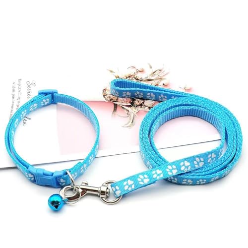 Puppy Dog Collar Leash Set with Bell, Cat Kitten Collars Light Blue XXS XS | Paw Print Reflective Dog Collar Leash Set with Bell, Basic Nylon Boy Girls Pet Collar Adjustable For XXS XS S Tiny Puppies - color: sky blue