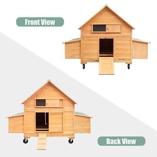 Chicken Coop on Wheels, Large Mobile Wooden Hen House for 4-6 Chickens, Outdoor Poultry Cage with Nesting Box, Chicken House for Outside Farm Backyard - size: 4-6 Chickens
