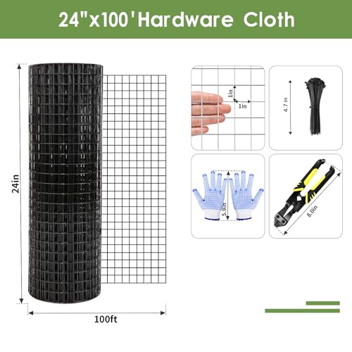 Tongmo 24" x 100' Black Hardware Cloth, 1inch Mesh Chicken Wire Fence, 19 Gauge Vinyl Coated Wire and Welded Wire Roll,Garden Fence, Poultry Netting for Rabbit/Duck/Chicken Coop