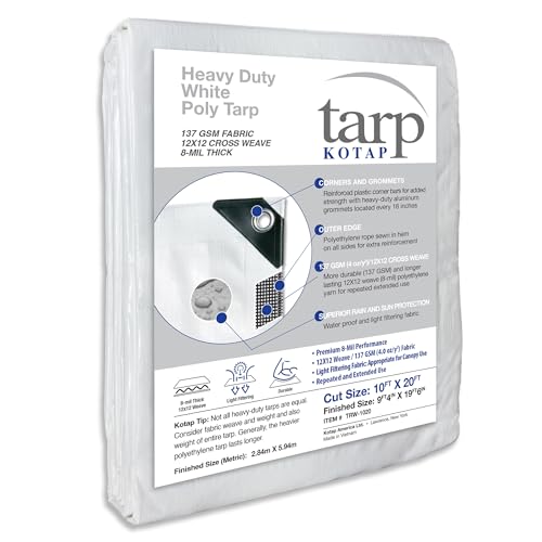 Kotap 10 x 20 Ft. Heavy-Duty Protection/Coverage Tarp, Superior Weave for Greater Longevity 8-mil, Multi-Use, Waterproof, White, 1-Pack (TRW-1020) - size: 10 x 20 Ft., style: Heavy-Duty 137 GSM White