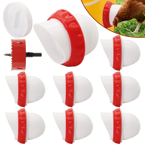 Chicken Feeders No Waste, DIY Automatic Poultry Feeder 8 Ports 1 Hole Saw with Covers Gravity Feed Kit for Buckets Barrels Bins Troughs（Red and White） - color: White and Red
