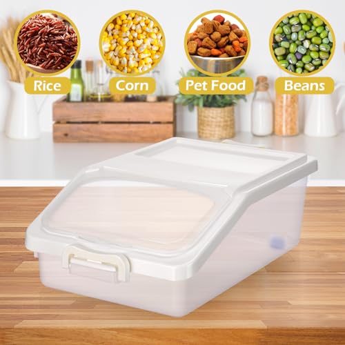 3 Pcs Rice Storage Container 11 lb Airtight Flour Container with Wheels Measuring Cup Clear Pet Food Dog Cat Birds Food Bin Grain Cereal Organizer Box for Dry Baking Supplies (White) - color: White