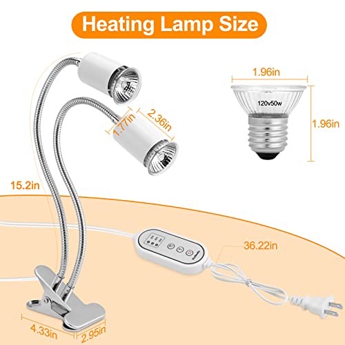 Reptile Heat Lamp, Dual Head Reptile Light with Cycle Timer, Dimmable UVA/UVB Basking Light for Turtle Tortoise Lizard Snake Bearded Dragon and More, 4 Bulbs (2PCS 25W + 2PCS 50W) Included