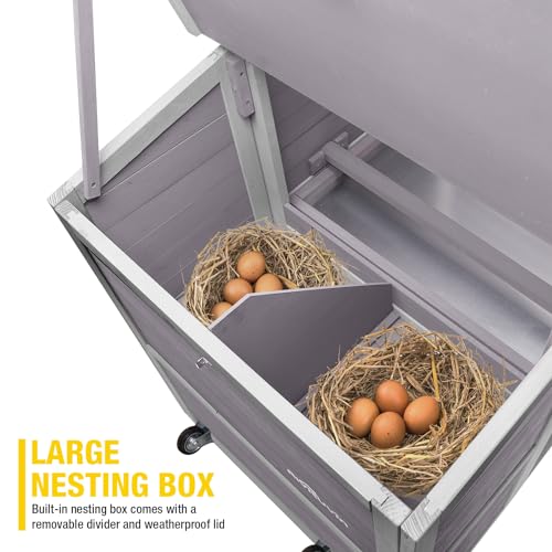 Aivituvin Chicken Coop Mobile, Chicken House with Wheels, Wooden Hen House Poultry Cage with Nest Box and Large Run -78in - color: Grey+White