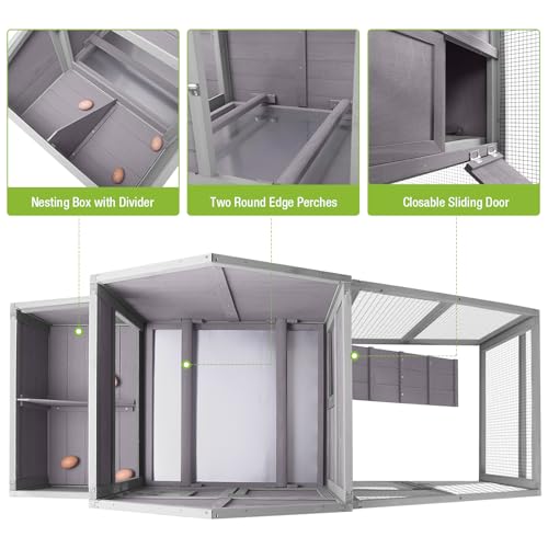 GUTINNEEN Mobile Chicken Coop for 2-4 Chickens with Wheels, Expandable Large Hen House with Run, UV-Protected Roof, Divided Nesting Boxes, Easy One-Person Move, Grey - color: Grey, size: 65.2"L x 26.4"W x 47.6"H