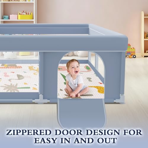 XVISHX 74 x 50 Inch Baby Playpen with Mat, Playpen for Babies and Toddlers, Baby Playard for Indoor & Outdoor Active Center Game Fence, with Skin-Friendly Fabric and Soft Breathable Mesh, Grey - size: 74 × 50 Inch With MAT