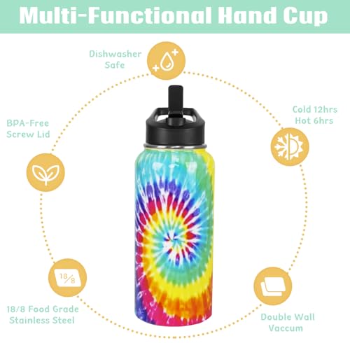 Tie-Dye Water Bottle with Straws Insulated Bottles Travel Thermal Double Walled Vacuum Cup Leak Proof Stainless Steel Tumbler Tie-Dye Lovers Decor Gifts-32 oz - color: Cyan blue yellow
