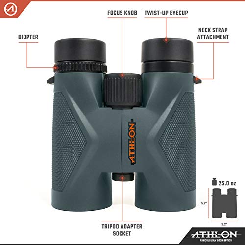 Athlon Optics 8x42 Midas UHD Gray Binoculars with ED Glass for Adults and Kids, High-Powered Binoculars for Hunting, Birdwatching, and More | For Hunting, Birdwatching, and Adults & Kids | High-Powered, ED Glass, Eye Relief | Waterproof and Fogproof