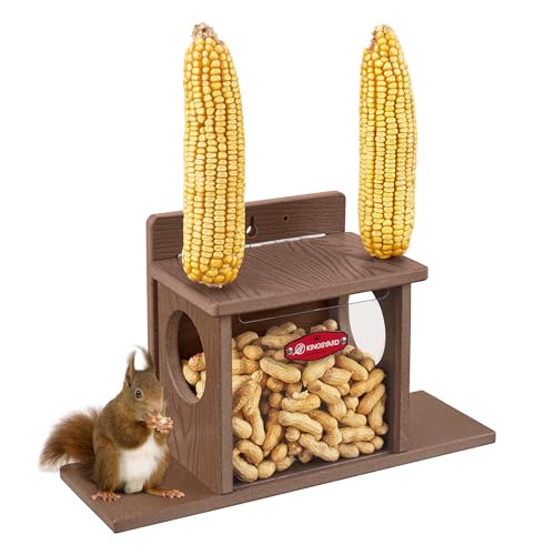 Kingsyard Squirrel Feeder Box for Outside, Recycled Plastic Squirrel Feeder Box with Corn Cob Holders, Easy to Refill & Clean, Weather-Proof (Brown) | Recycled Plastic, Corn Cob Holders, Extended Side Platform, Easy to Refill & Clean, Weatherproof Roof, B