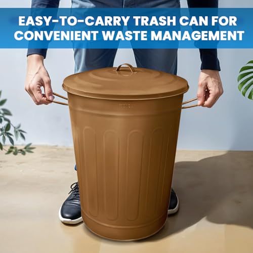 Plexon 13 Gallon Metal Trash Can with Lid Outdoor Vintage Trash Can Steel Retro Garbage Can for Kitchen Farmhouse Rustic Bird Seed Storage Pet Food Cute Bucket, Brown - color: Brown