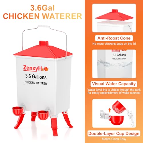 3.6 Gal Chicken Waterer with 4 Automatic Water Cups - 3 Height Adjustable | Anti-roost Cone and Locking Legs Design, Auto Fill Cups for Backyard Flock - style: Waterer with Cups
