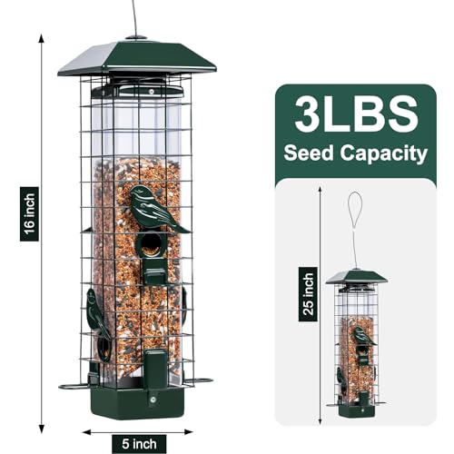 Squirrel Proof Bird Feeders for Outdoors, Metal Wild Bird Feeder for Outside Hanging, 4 Ports Perches, 3LB Large Capacity (Green) - color: Green