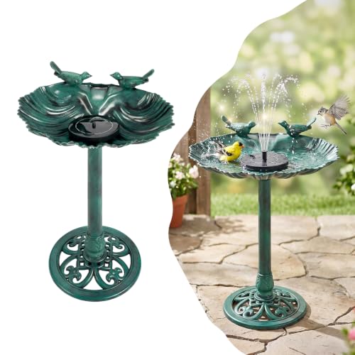 VINGLI Pedestal Bird Bath with Solar Fountain, Solar Pump Resin Birdbaths, Weather Resistant Bird Baths with Ground Stakes, Vintage Finish Garden Decor for Outdoor, Patio, Yard, Lawn(Green Shell) - color: Green Shell