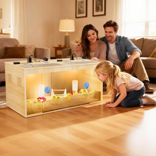 Brooder Box for Chicks, 32 Inch Wooden Large Chicken Brooder Box with 75W Heating Lamps, Thermometer, Chicken Feeder & Waterer Set, Tin Foil, Poultry Breeding Kit, for 12-15 Chicks Ducks Quail
